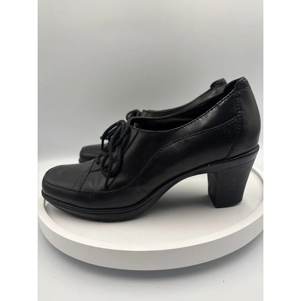 Clarks Leather Oxford Heels 7M Black Dark Academia Lace Up Block Heel 80424
